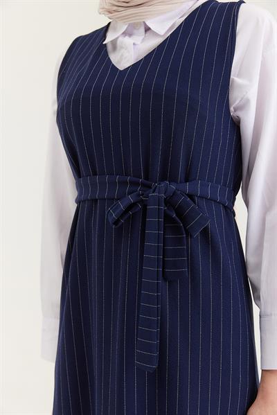 Çizgili Sıfır Kol Beli Kuşaklı Elbise Lacivert