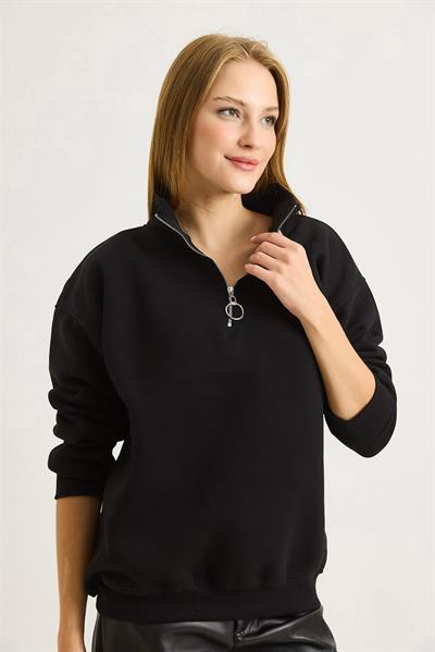 Kadın Yaka Fermuarlı 2 İplik Sweatshirt Siyah