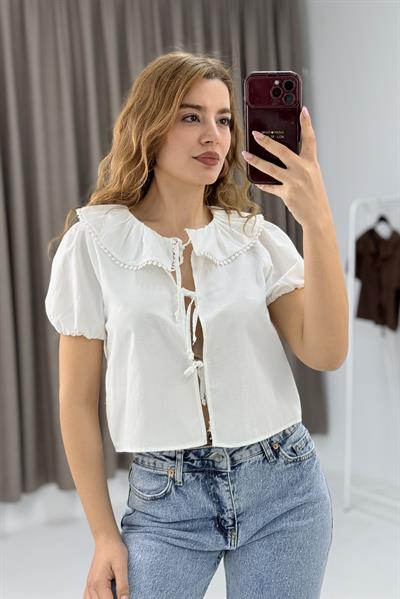 Kadın Bebe Yaka Kısa Kol İpli Bluz Beyaz