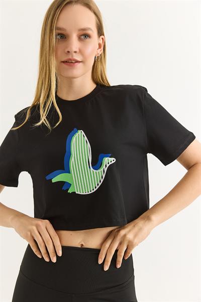 Karikatür Kuş Baskılı Pamuk Örme Crop Tshirt Siyah
