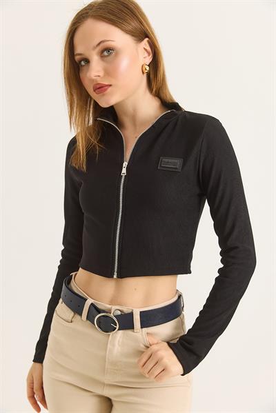 Dik Yaka Fermuarlı Crop Bluz Siyah