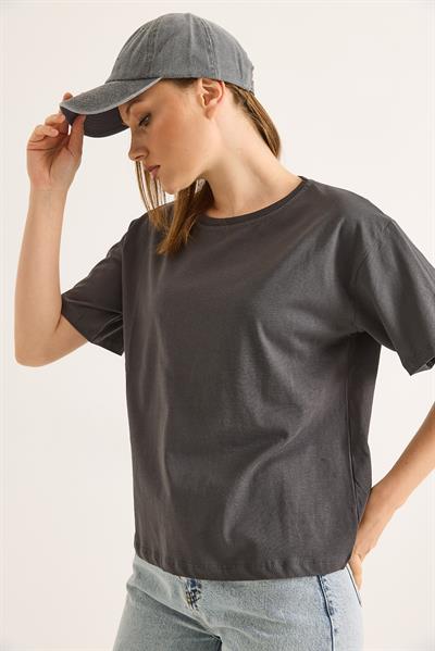 Bisiklet Yaka Kısa Kollu Fit Tshirt Füme