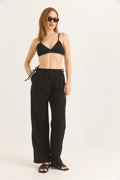 Yanları İp Detaylı Bol Paça Pantalon Siyah