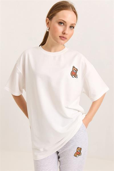 Ayıcık Nakışlı Oversize İki İp Tshirt  Ekru