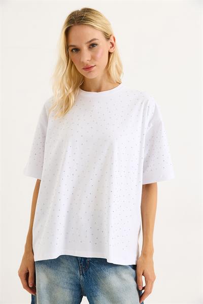 Taşlı Oversize Beyaz Tshirt
