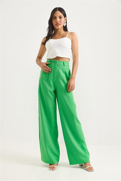 Yüksek Bel Bol Paça Pantalon Yeşil