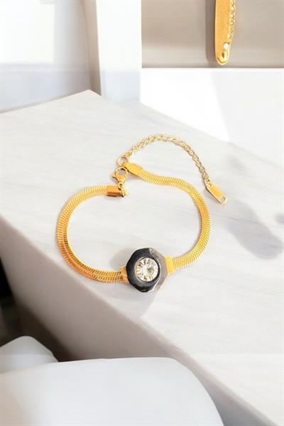 Gold Siyah Taşlı Çelik  Bileklik Gold