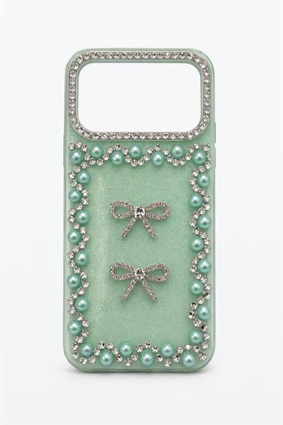 İphone 17 Pro Max Uyumlu Taş Detaylı Telefon Kılıfı Yeşil