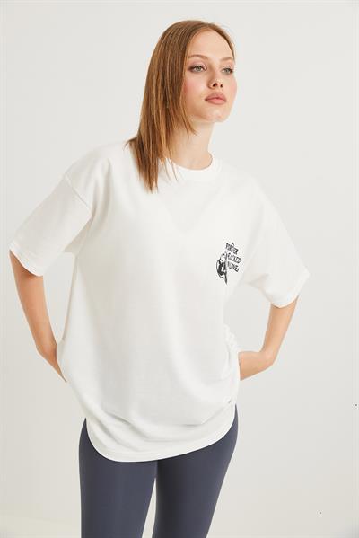 Baskılı Oversize İki İplik Tshirt Ekru