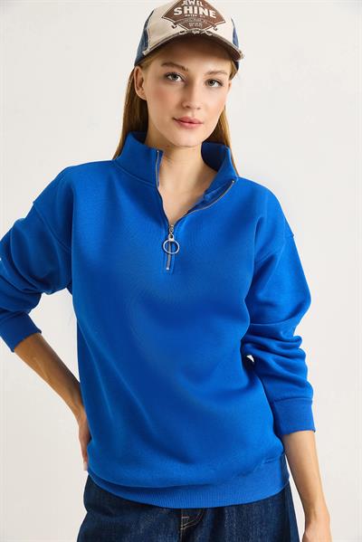 Kadın Yaka Fermuarlı 2 İplik Sweatshirt Saks
