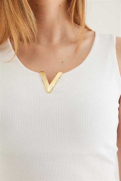 Yaka V Detay Triko Bluz Beyaz