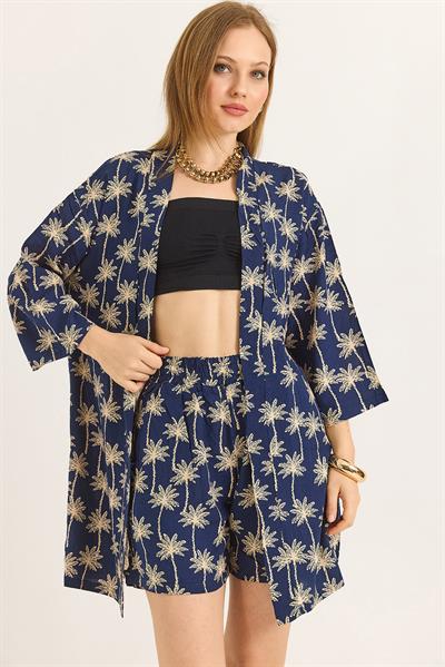 Kimono Şortlu Desenli Dokuma Kadın İkili Takım Lacivert