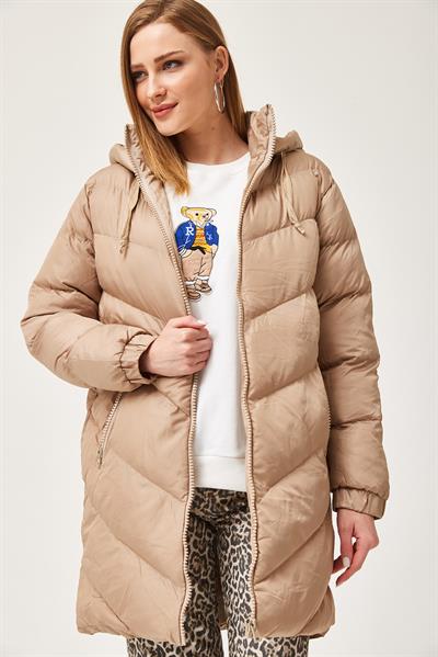 Kapüşonlu Oversize Şişme Mont Bej