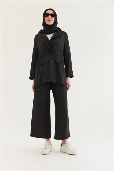 Bel Bağlamalı Ceketli Keten Takım Siyah