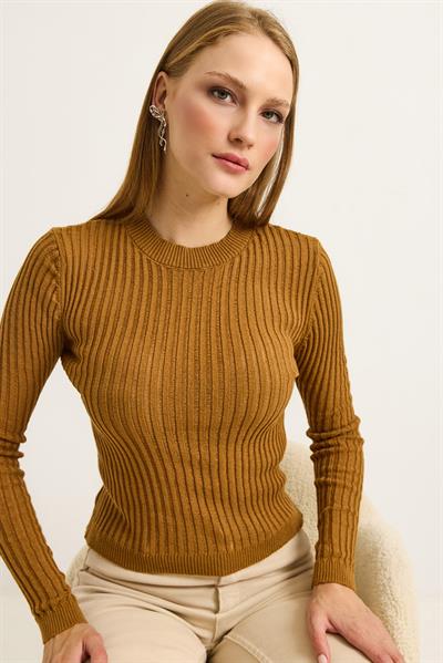 Bisiklet Yaka Triko Örme Bluz Taba