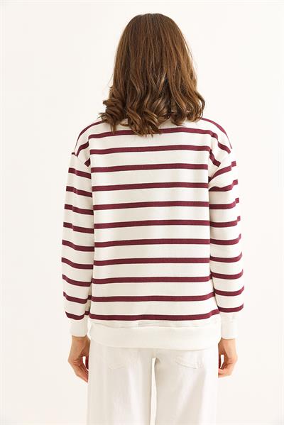 Kadın Oversize Çizgili Kalp Nakışlı Fermuarlı Sweatshirt Bordo