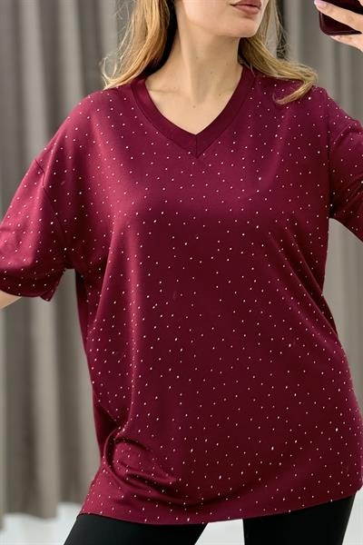 V Yaka Taşlı Yarım Kol T-shirt Bordo