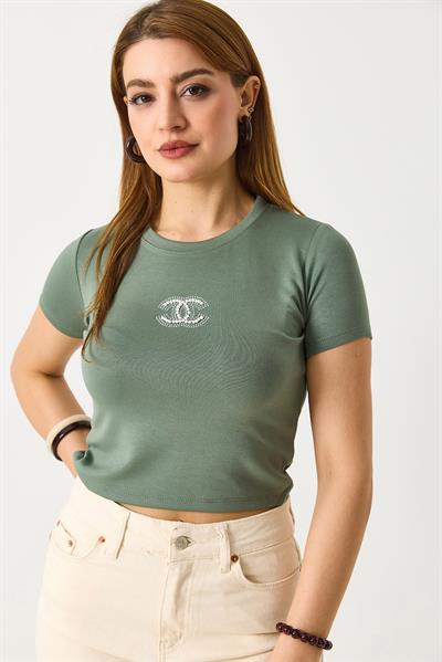 Kadın İncili Bisiklet Yaka Crop Bluz Yeşil