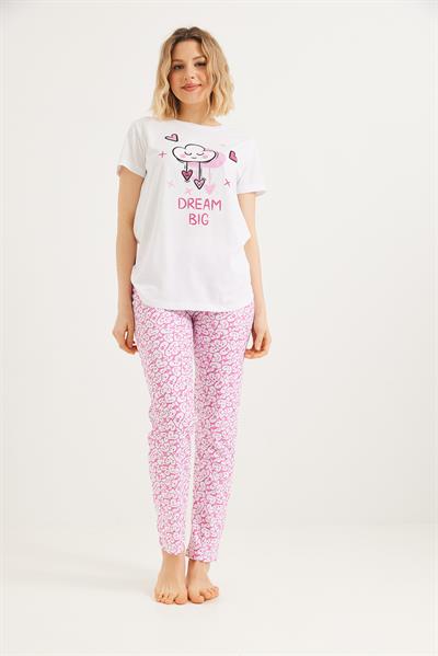 Baskılı Kısa Kol Pijama Takım Beyaz