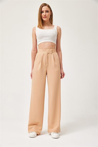 Beli Cırtlı Rahat Palazzo Pantolon Vizon