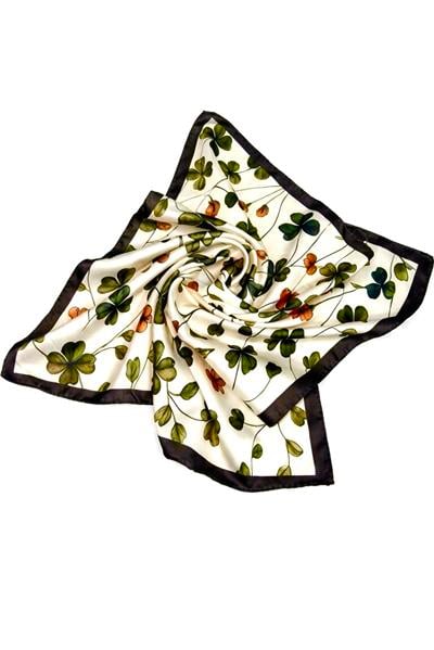 Kadın Yeşil Çiçek Detaylı 45X45cm Ölçülü Fular Bej