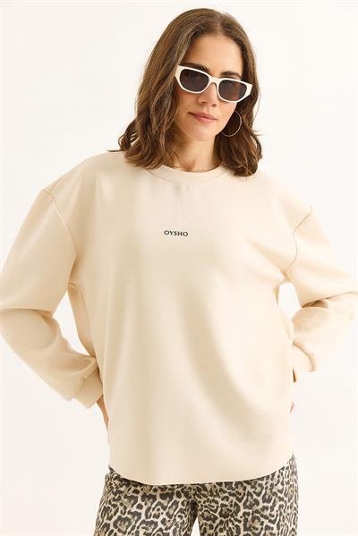 Kadın Modal Kumaş Yazı Baskılı Bej Sweat