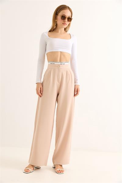 Geniş Paça Kemeri Garnili Palazzo Pantolon Vizon