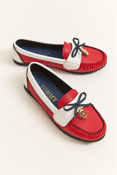 Loafer Model Fiyonk Detaylı Ayakkabı Kırmızı Beyaz