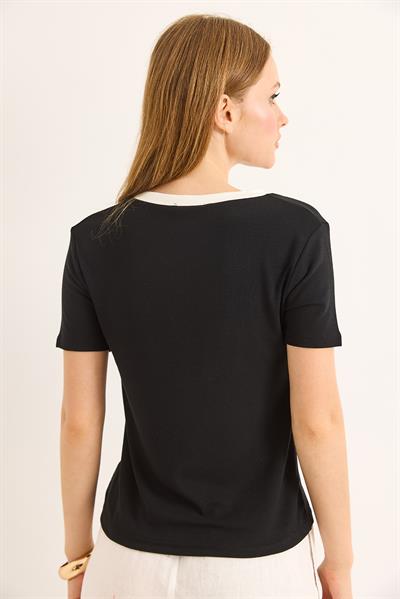 V Yaka  Kısa Kollu Kadın Kısa Tshirt Siyah