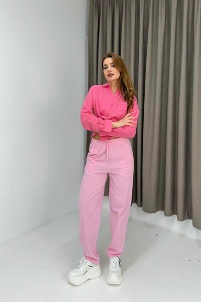 Kanvas Cepli Bağcıklı Beli Lastikli Uzun Pantolon Pembe