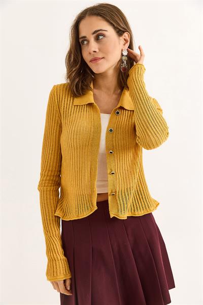 Polo Yaka Yazlık Triko Hırka Taba