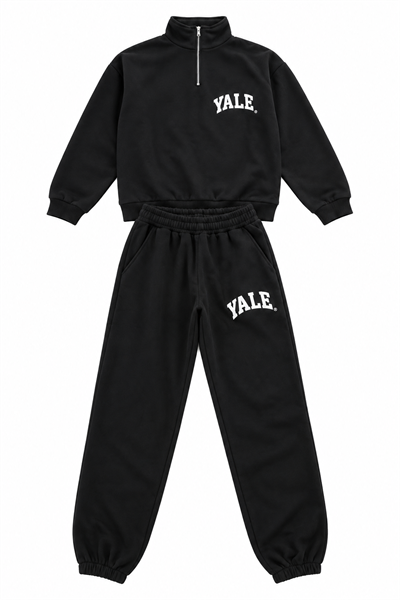 Kadın Dik Yaka Fermuarlı Yale Baskılı Sweatshirt &Jogger Lastikli Paça Eşofman Takımı Siyah