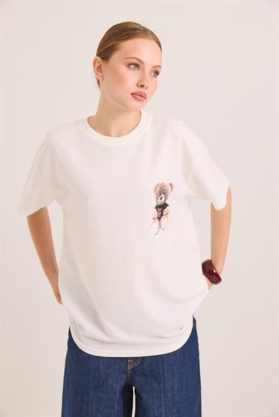 Ön Ve Arka Baskılı İki İp Oversize Örme Tshirt Ekru