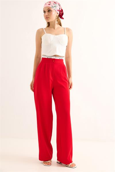 Geniş Paça Kemeri Garnili Palazzo Pantolon Kırmızı