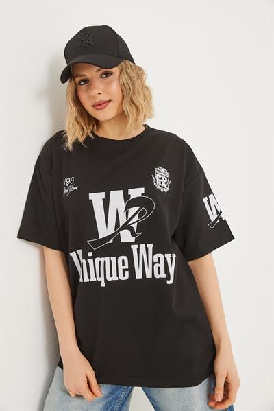 Bisiklet Yaka Baskılı Tshirt Siyah