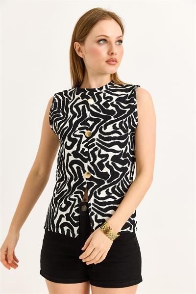 Bisiklet Yaka Gold Düğmeli Ottoman Fitilli Bluz Zebra Siyah Beyaz