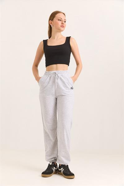 Alo Baskılı Cepli Beli Lastikli İki İp Eşofman Gri