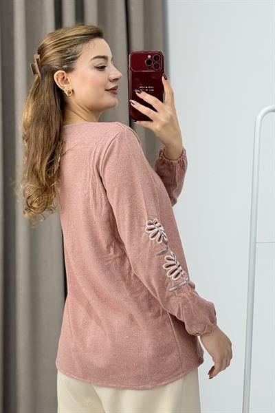 Kadın Pudra Triko Etnik Çiçek Nakışlı Kazak