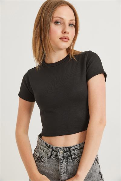 Bisiklet Yaka Esnek Crop Bluz Siyah