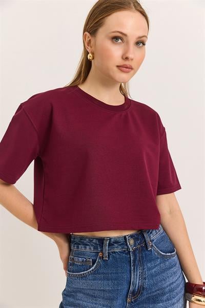 Bisiklet Yaka Havalı Crop İki İp Tshirt Bordo