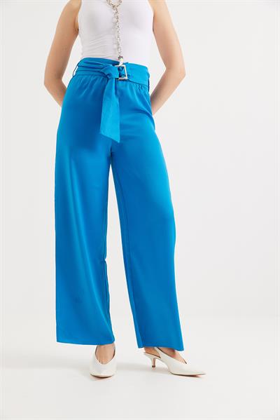 Kemerli Yüksek Bel İspanyol Paça Pantolon Mavi