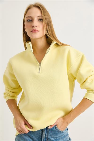 Kadın Yaka Fermuarlı 2 İplik Sweatshirt Sarı