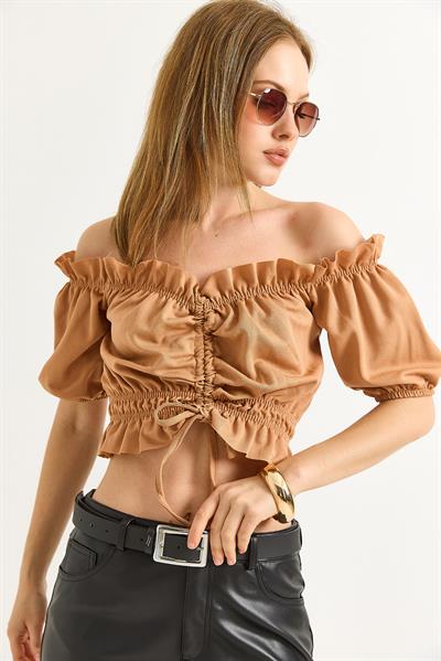 Madonna Yaka Büzgülü Crop Bluz Kahve