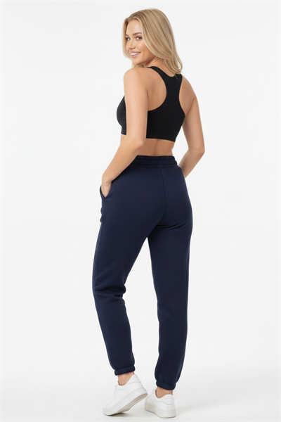 Kadın Kalın Kemerli Beli Paçası Lastikli Eşofman Altı  Lacivert