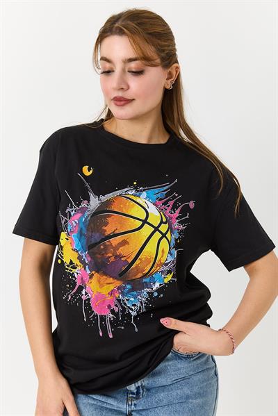 Kadın Basketbol Grafik Baskılı Günlük Tshirt  Siyah
