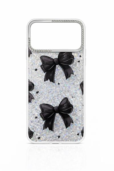 İphone 17 Pro Max Uyumlu Siyah Fiyonk Desenli Glitterlı Kılıf Şeffaf