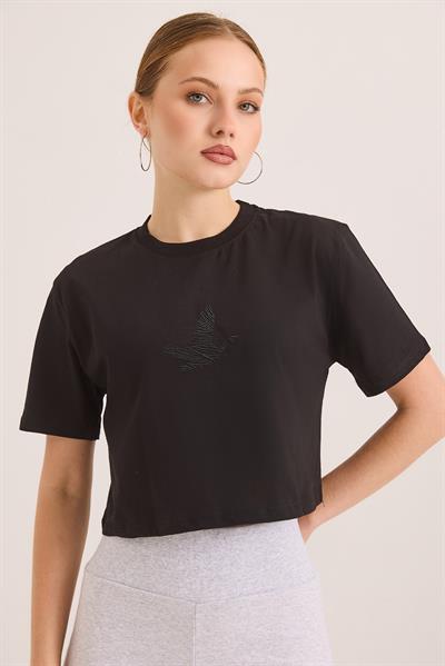 Karikatür Kuş Kabartma Baskılı Örme Crop Tshirt Siyah