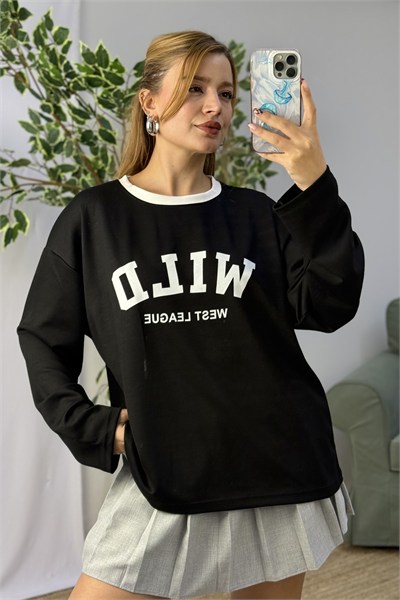 Kadın Yazı Baskılı Bisiklet Yaka Uzun Kollu Tshirt Siyah