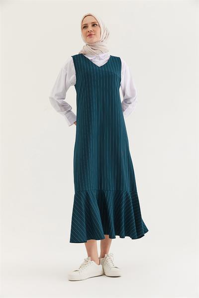 Çizgili Sıfır Kol Beli Kuşaklı Elbise Yeşil