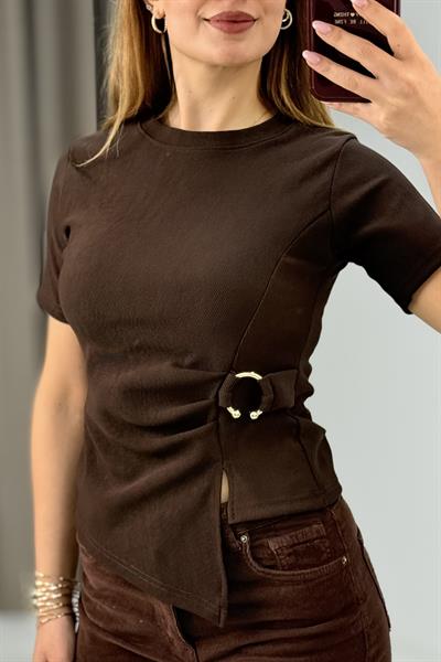 Kadın Yan Tokalı Asimetrik Kesim Kakorse Kısa Kollu Bluz